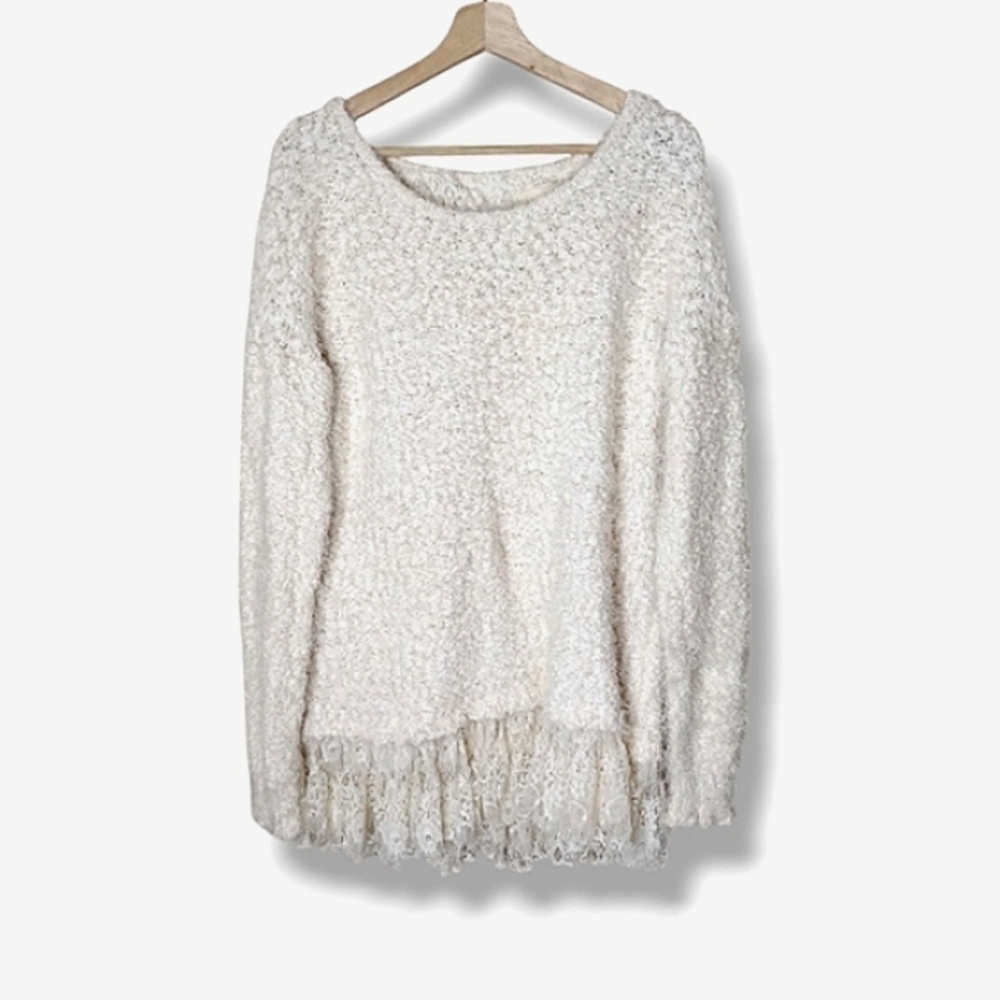 Areve Anthropologie Eyelash Knit Longline Sweater Back Bow Size XL NWT